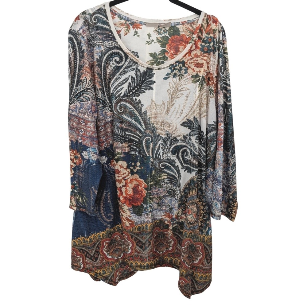 Chicos Zenergy Tunic Women XL Multicolor Paisley Floral Sharkbite Hem Top Boho